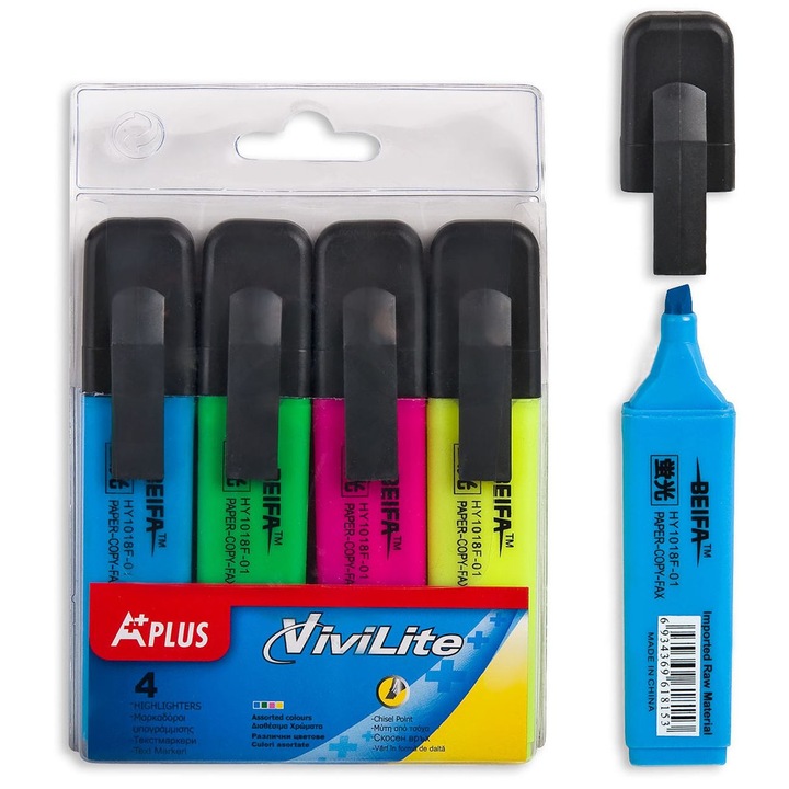 Комплект хайлайтери от 4 броя, син, фуксия, зелен, жълт, стандартни
