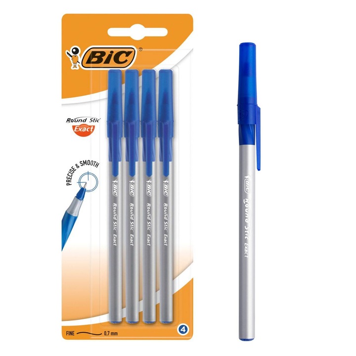 Set pixuri albastru bic round stick grip 0.7mm - 4buc