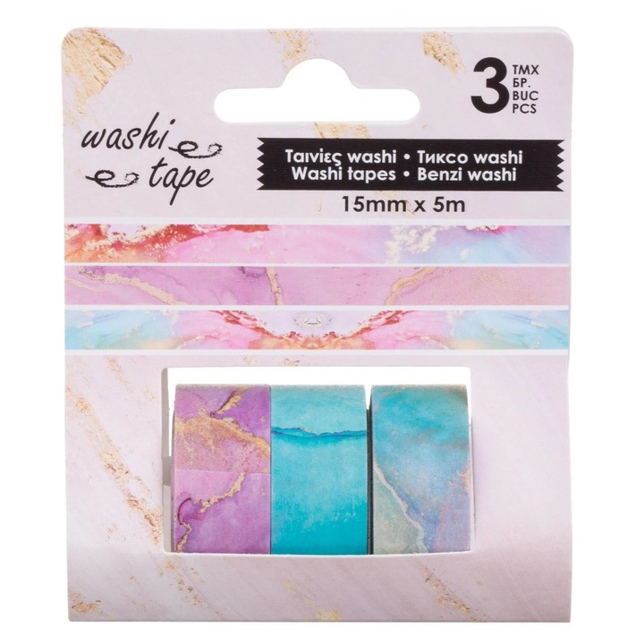 Set benzi adezive Washi tape marble, bleu și mov, 5mx1.5cm, 3 bucăți