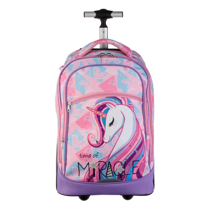 Gurulós iskolatáska, lila rózsaszín, unikornis mintás, 33x25x50cm, 2 nagy rekesszel