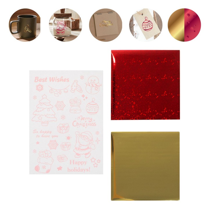 Трансферна хартия от червено златисто фолио със стикери с коледни мотиви - 3 бр