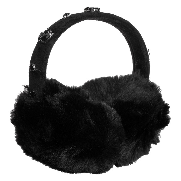 Aparatori urechi cu blana artificiala neagra & pietre negre pentru femei