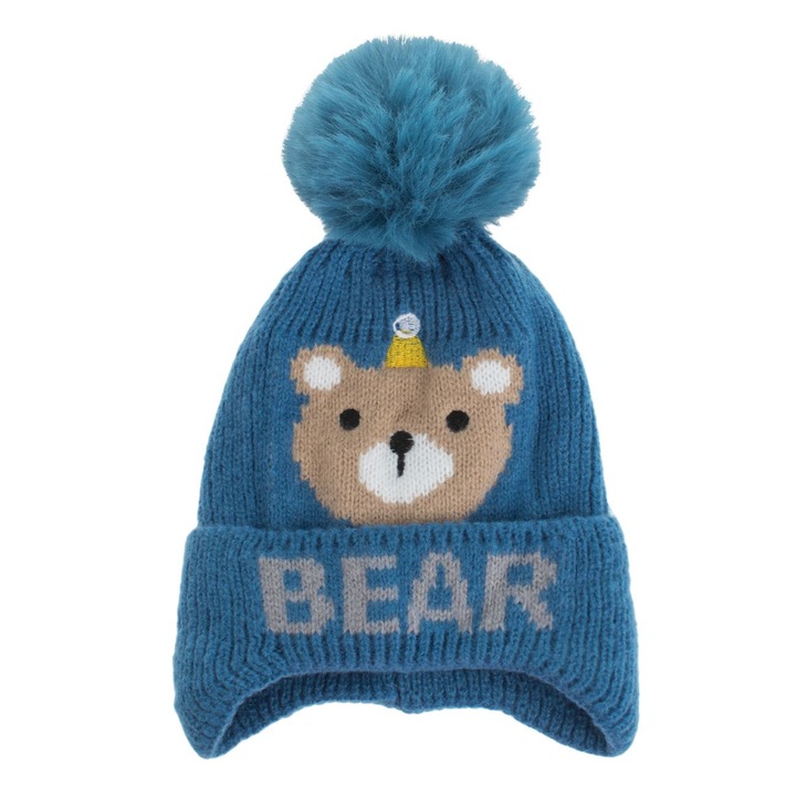 Caciula tricotată, ciel, cu acoperitori de urechi, imprimare urs bej, pentru copii 6 luni