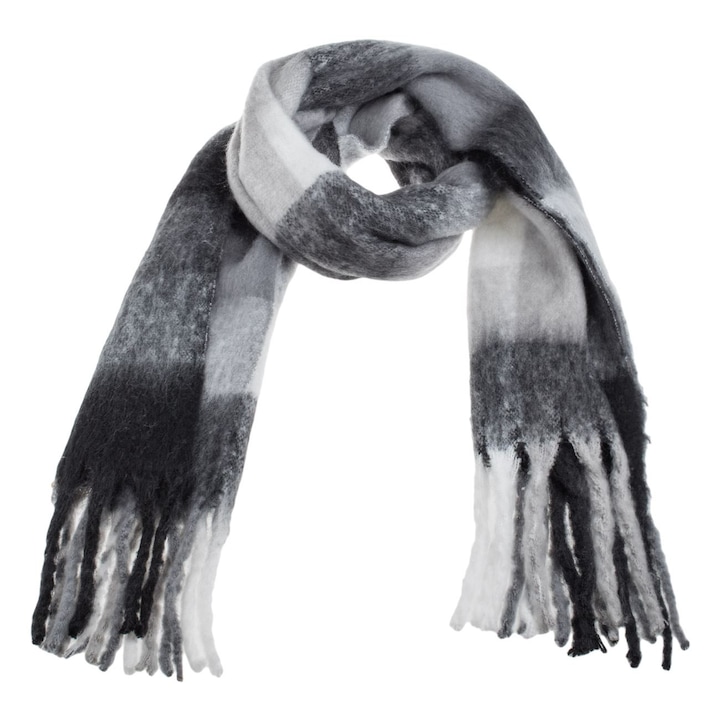 Esarfa neagra gri cu carouri franjuri lungi 180x48cm 305g