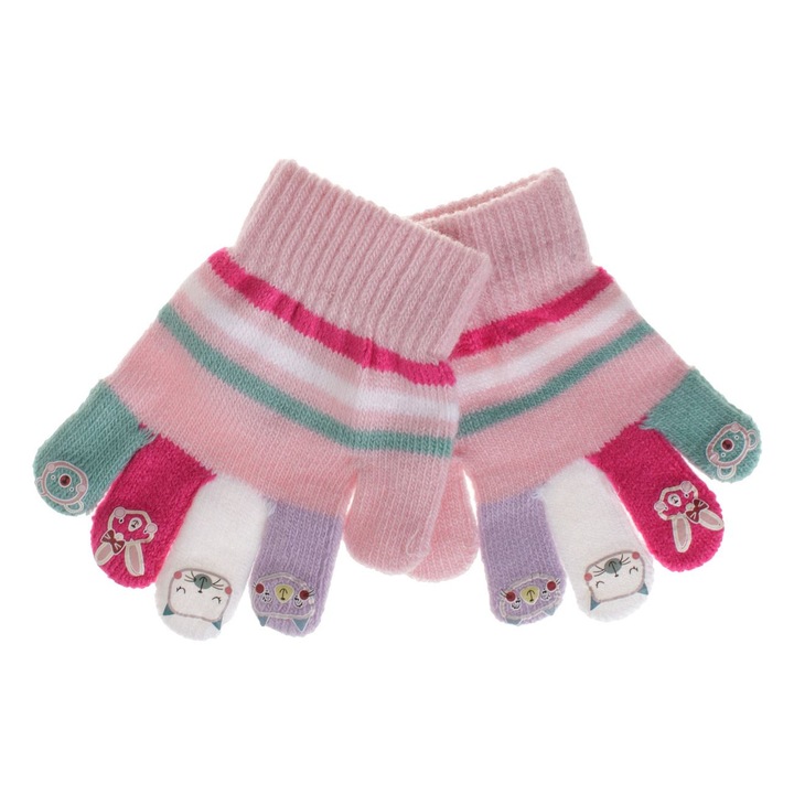 Mănuși pentru copii, roz cu dungi și degete colorate, multicolor, mărimea 2-5 ani, set 1 pereche