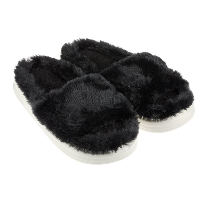 Papuci de iarnă din blană artificială negri, talpă înaltă, mărime universală