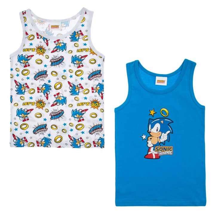 Set Maiouri Bumbac Alb Bleu Sonic pentru Copii, 2buc, Multicolor