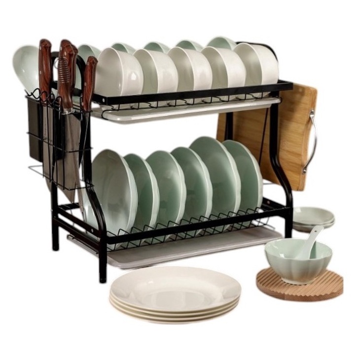 Edényszárító állvány, többszintes, késtartóval, evőeszköztartóval, vágódeszkával, 2 lefolyótál, kb. 35 x 41 x 22 cm, INOX-78, fekete, HAPPY JOKER®