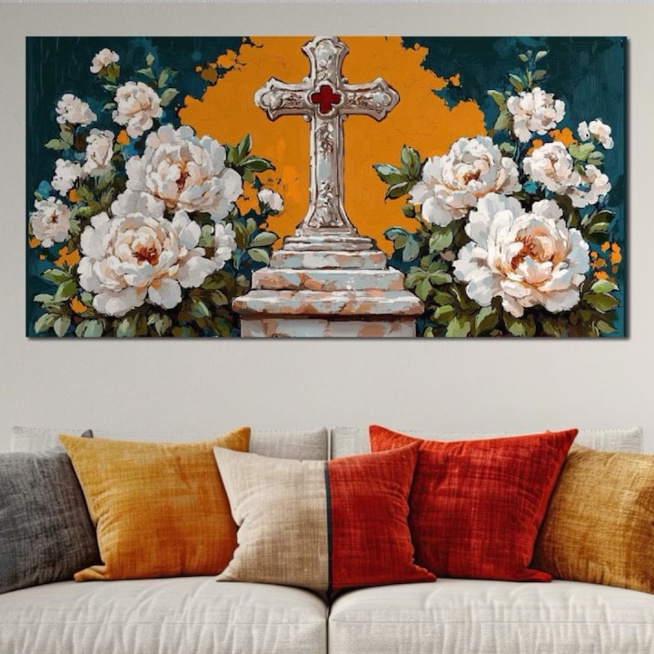 Първокласна картина на платно, LuxCanva® H1056, Кръст на живота, 50 X 100 CM, 100% памучно платно 400g/m2, Дървена рамка, Вяра, Кръст, Цветя, Градина, Светлина, Надежда, Чистота, Духовност, Свещен символ, Дневна, Спалня