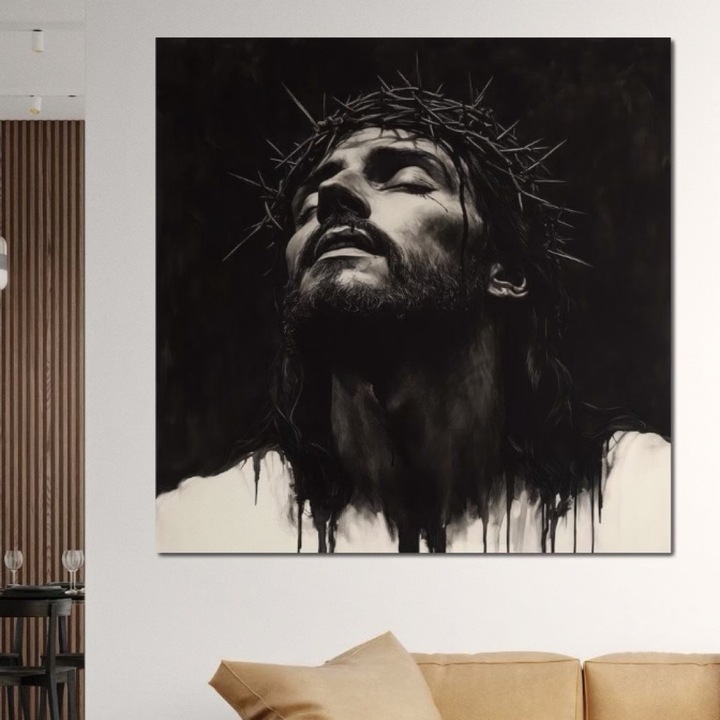 Премиум Канава Картина, LuxCanva® H1060, Ехото на Жертвата, 100 X 100 СМ, 100% Памучно платно 400гр/м2, Дървена Рамка, Исус, Вяра, Жертва, Светлина, Тъмнина, Вдъхновение, Трънен венец, Религиозно Изкуство, Всекидневна, Спалня