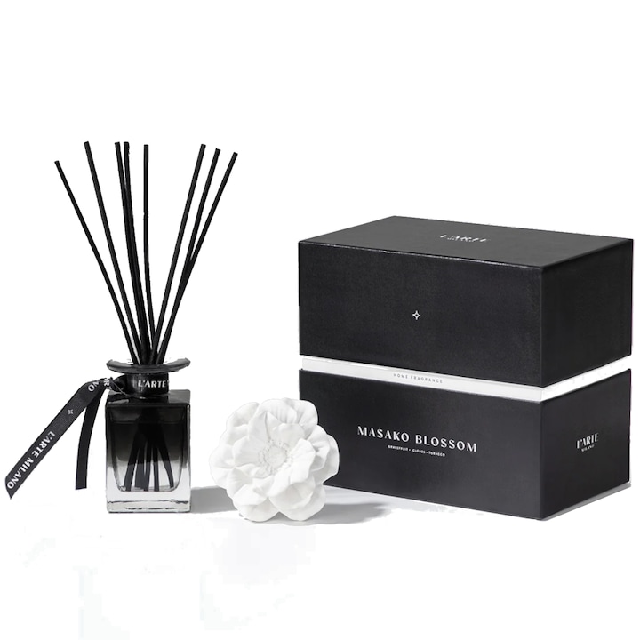 Odorizant camera L'ARTE MILANO Masako Blossom, 120 ml, cu floare din portelan, set cu 8 betisoare