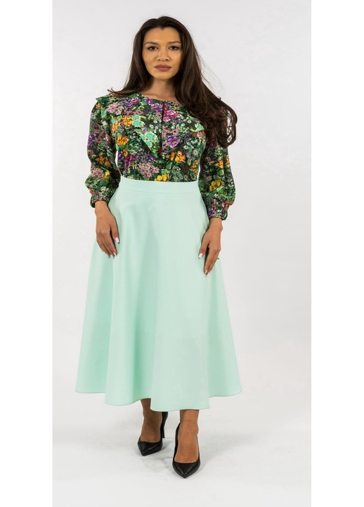 Compleu Fusta Verde Menta si Bluza Florala Verde, Verde/Multicolor