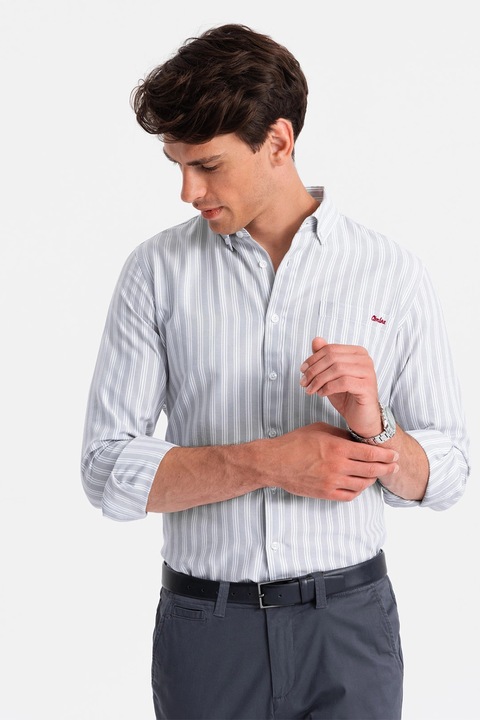 OMBRE, Csíkos ing legombolt gallérral, Fehér/Világosszürke