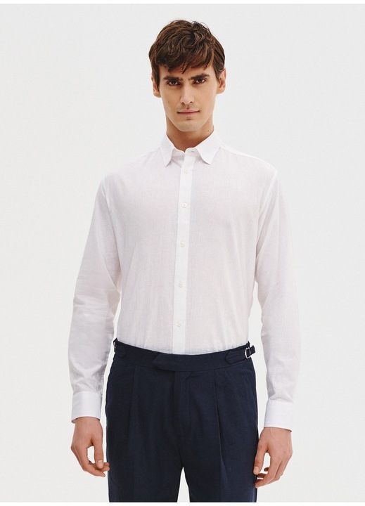 Camasa barbati Pako Lorente, alba, din bumbac si in, Regular Fit, cu maneci lungi