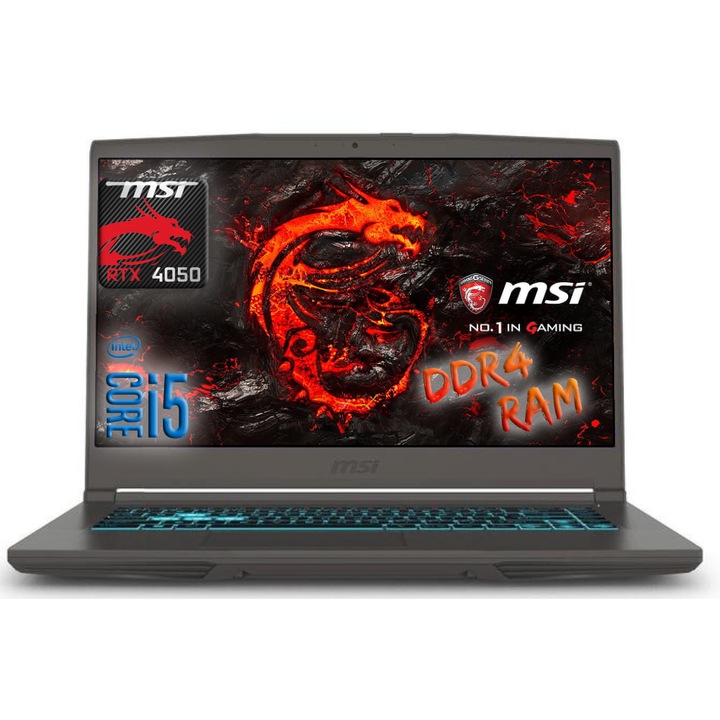 MSI Thin 15 Gamer Laptop, Intel Core i5 12450H, 16GB DDR4 Memória, 512GB SSD, 15.6" FullHD, 144Hz Kijelző, Nvidia RTX 4050, Magyar billentyűzet, Szürke, Vírusírtó, Böngésző, Windows 11 Pro