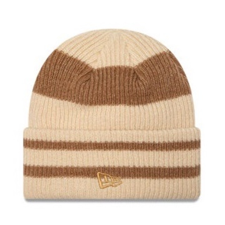 Дамска шапка New Era, плетена, с райета и маншет, акрил, бежово/кафяво