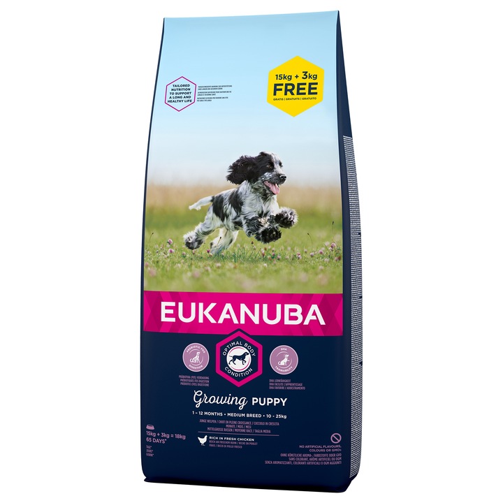 Hrana uscata pentru caini Eukanuba Puppy Medium Breed, Pui, 15 + 3Kg