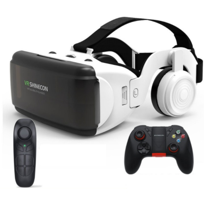 Shinecon 3D VR очила за телефон, джойстик, Bluetooth дистанционно управление, слушалки, акрилни лещи, игри за виртуална реалност, видео, филми, универсални, IOS, Android, 4,7-7 инчови телефони, ABS, 183 грама, бяло