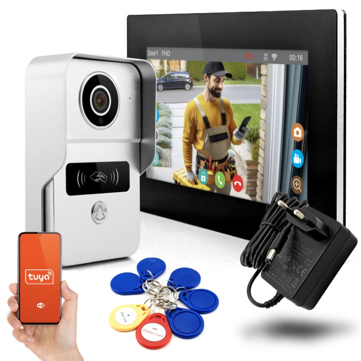 Videodomofon Wi-Fi, 7", 1080p, cu camera IP, IR, set cu 5 taguri NFC