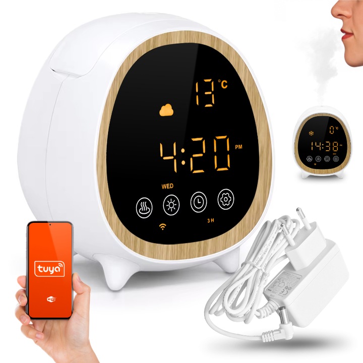 Ceas decorativ GOMEDIA cu difuzor, functie de aromaterapie, alb, 200ml