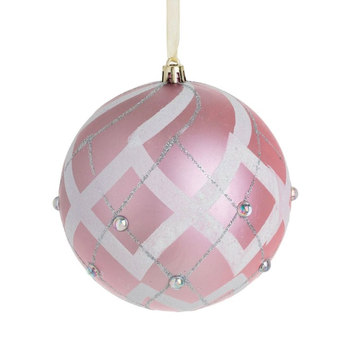 Glob brad de Craciun roz mat cu glitter alb irizat și strass, 8cm