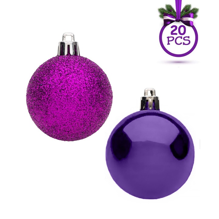 Set Globuri Craciun, Model Glitter, 20 Bucati, Culoare Mov, Diametru 3cm, Material Plastic, MYONNA IT & E- COMMERCE ®