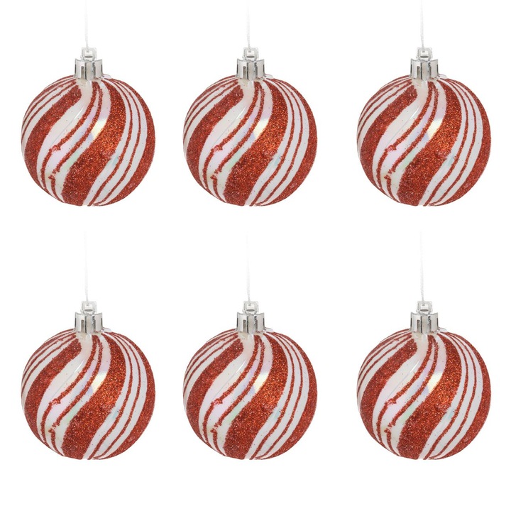 Set 6 globuri de craciun candy, plastic, 6cm, alb/rosu