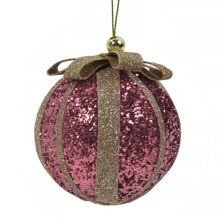 Glob Brad Craciun Spuma, Culoare Rosu Rodie, Panglica Glitter Bej sampanie, Fundita 8cm, MYONNA IT & E- COMMERCE ®