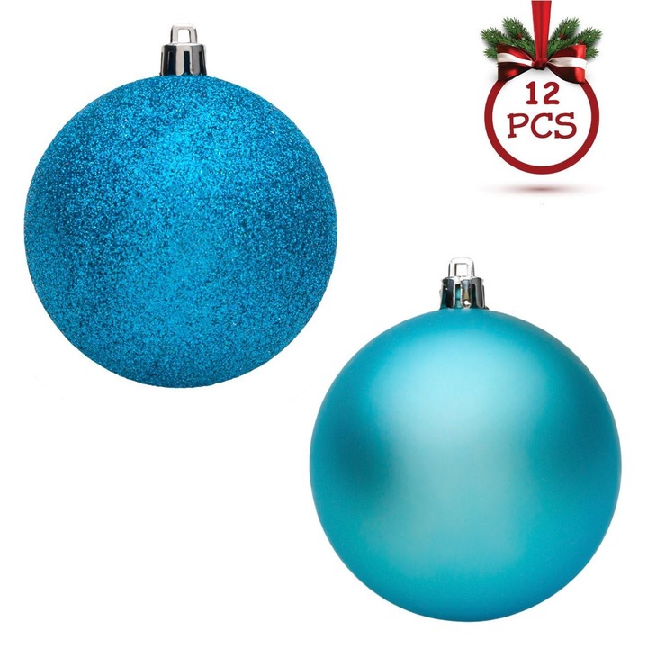 Set globuri de craciun turcoaz mat/glitter 8cm - 12buc