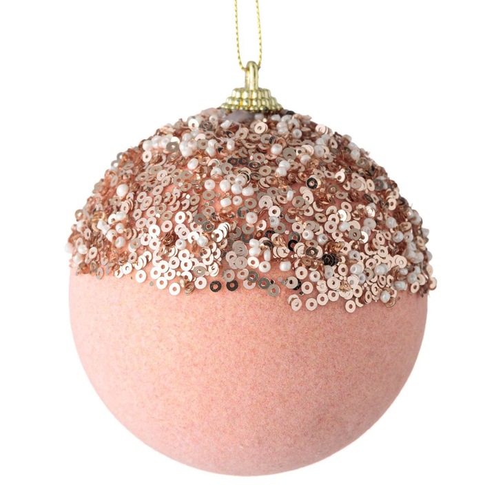 Ornament Brad Craciun, Glob Catifelat, Spuma, Roz, Paiete, 9 cm, MYONNA IT & E- COMMERCE ®