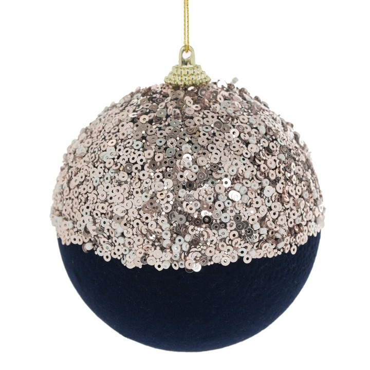 Ornament Brad Craciun, Model Glob, Spuma Catifelat, Paiete Bej sampanie, Margele Albe, Diametru 9cm, Albastru, MYONNA IT & E- COMMERCE ®