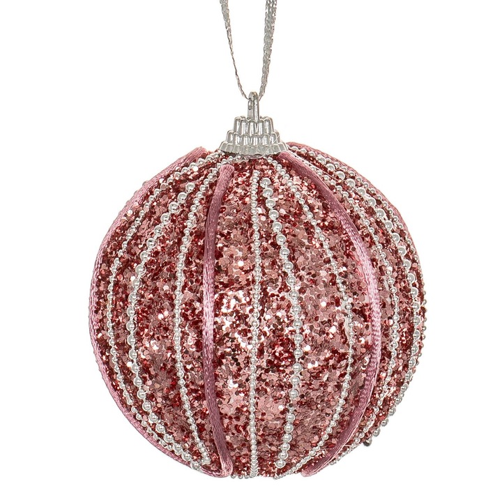 Ornament Brad de Craciun Glob din Spuma Albastru Roz cu Glitter Siret Lant Auriu 8cm