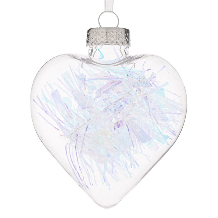 Ornament Brad de Craciun Shopiens® din plastic, model Inima Transparenta Tinsel Irizat, 8 cm