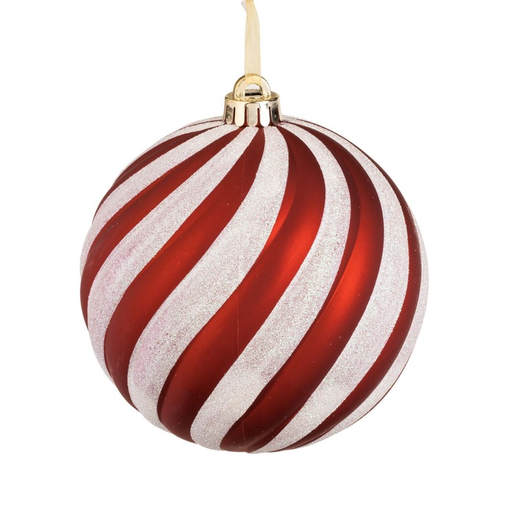 Ornament Brad de Craciun Glob Rosu cu Dungi Albe Candy Ø20cm