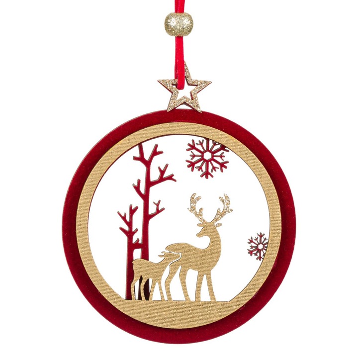 Ornament Brad, N/A, Glob Catifelat, Lemn Bej si Rosu, 11 cm, Cerb cu Glitter, MYONNA IT & E- COMMERCE ®