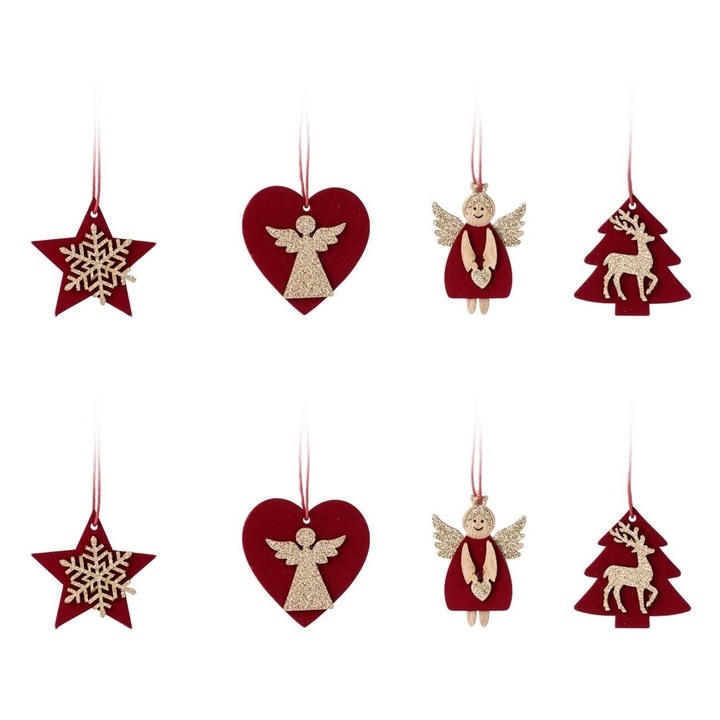 Karácsonyi Díszek Fából, 4 Bársonyos Modell, Bordó Szín Arany Csillámmal, 4-5 cm, 8 Darabos Szett, MYONNA IT & E-COMMERCE ®