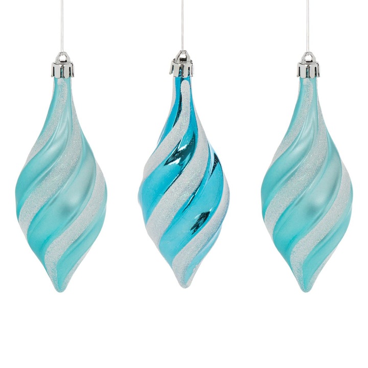 Ornamente Brad de Craciun Conuri Turcoaz cu Dungi Holografice Albe 14cm - 3buc