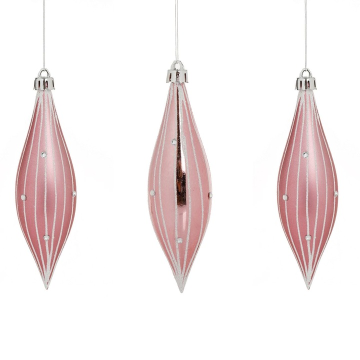 Ornamente brad de craciun turturi roz cu dungi holografice 14cm - 3buc