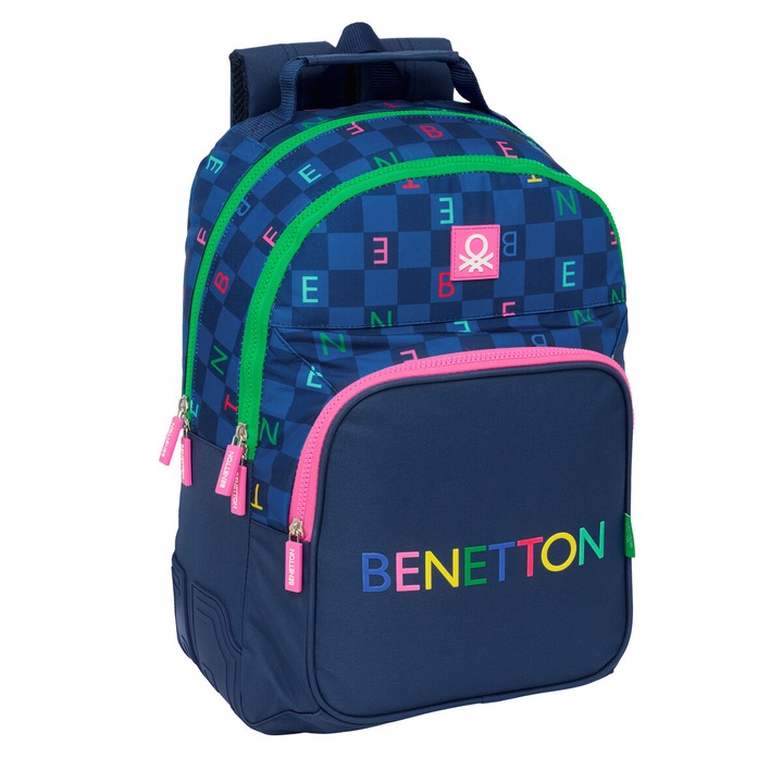 Benetton Damero iskolai hátizsák, tengerészkék, 32x42x15cm, ergonomikus párnázással, 2 rekeszes