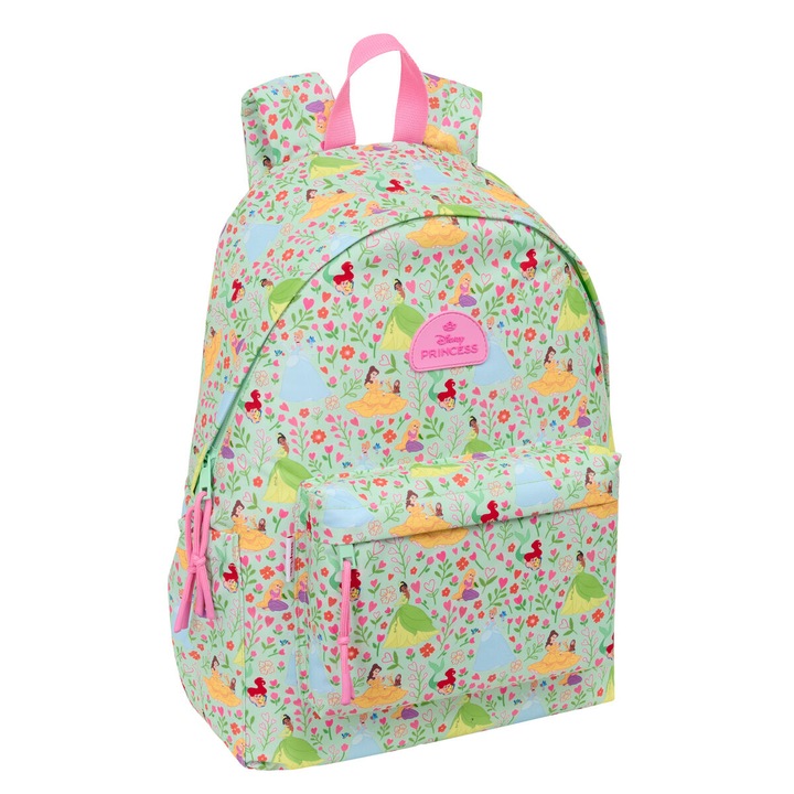 Ghiozdan scolar Disney Princess Bloom, verde si roz, 31x43x13cm, cu padding ergonomic, compartiment pentru notebook