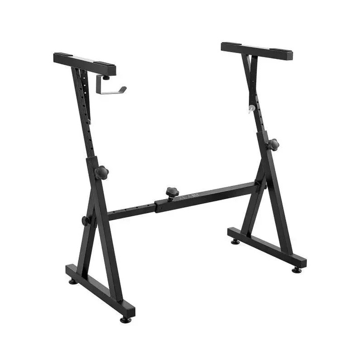 Zongoraállvány, Z alakú, állítható, kerekekkel és fejhallgató-állvánnyal, fekete, 58-92cm x 57-89cm