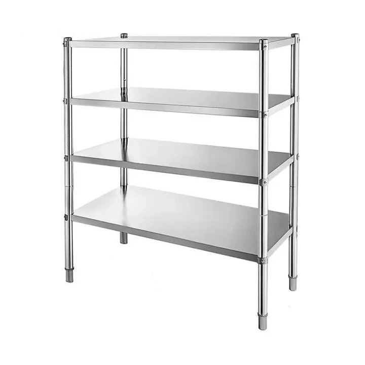 Rozsdamentes acél polc, 4 szint, állítható, kapacitás 150 kg/szint, ezüst, 1190x469,9x1524mm