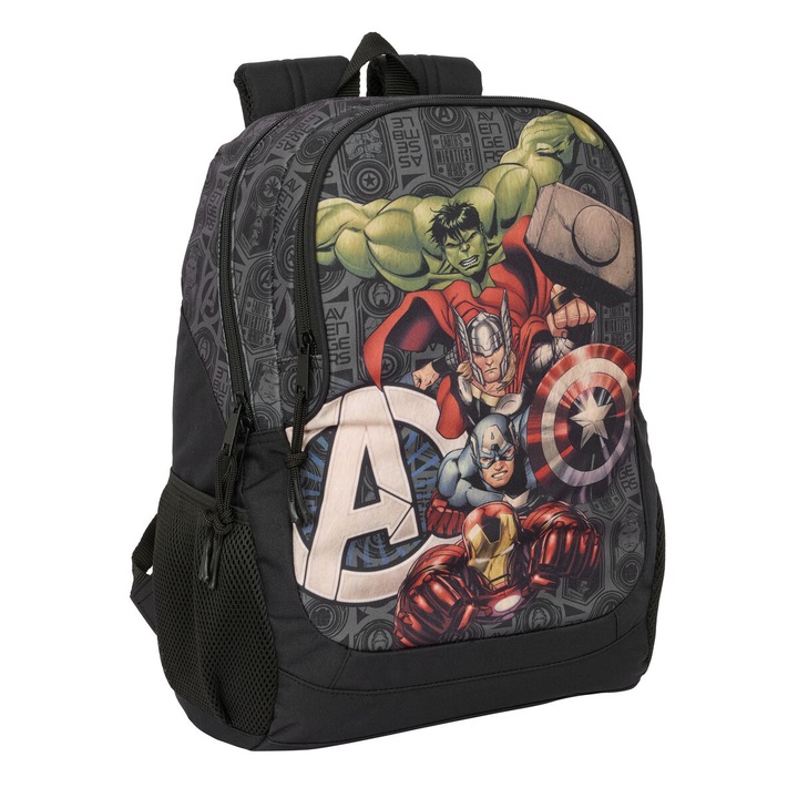 Ghiozdan scolar The Avengers, negru, 32x44x16cm, 2 compartimente, cu manere ergonomice