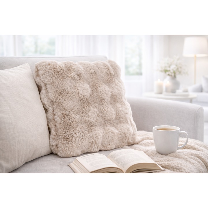 Perna Decorativa de Iarna din Imitatie de Blana Bej cu Model Reliefat pentru Canapea 40x40cm