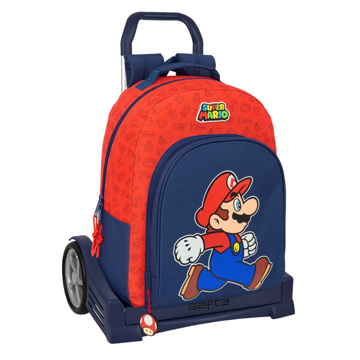 Ghiozdan scolar cu roti Super Mario, rosu si albastru inchis, 32x42x15cm, capacitate 15L