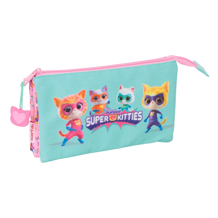 Penar SuperKitties, roz-turcoaz, 3 compartimente, 22x12x3cm
