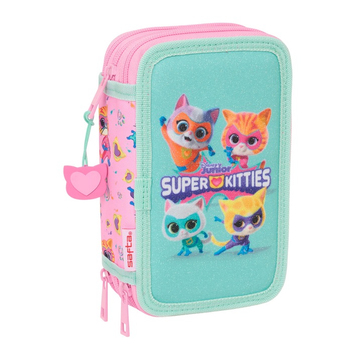 Penar triplu SuperKitties roz-turcoaz, 37 piese, 12,5x19,5x5,5 cm