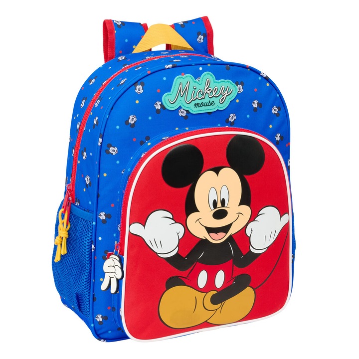 Ghiozdan scolar Mickey Mouse Clubhouse, albastru, 32x38x12cm, cu manere ergonomice, 2 buzunare laterale pentru sticla de apa