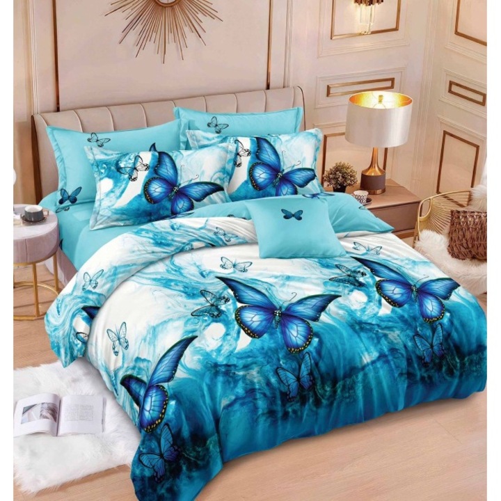 Dupla ágynemű, megfordítható, 6 részes, türkiz pillangómintás, 2 személyes, 240x250 cm, szatén pamut, többszínű