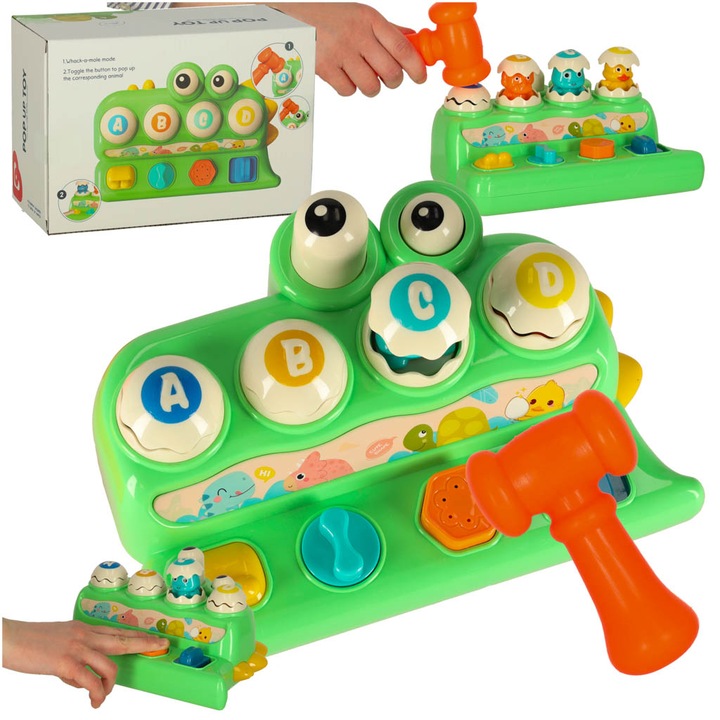 Interaktív játék gyerekeknek, ügyességi játék dinoszauruszokkal, zöld színes elemekkel, kalapács, 21,5x15x5cm